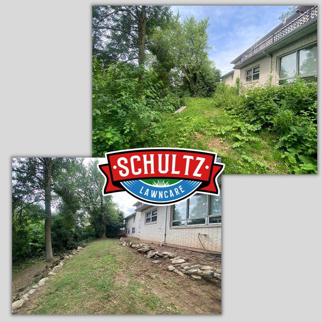 A before and after picture of a schultz lawn care yard