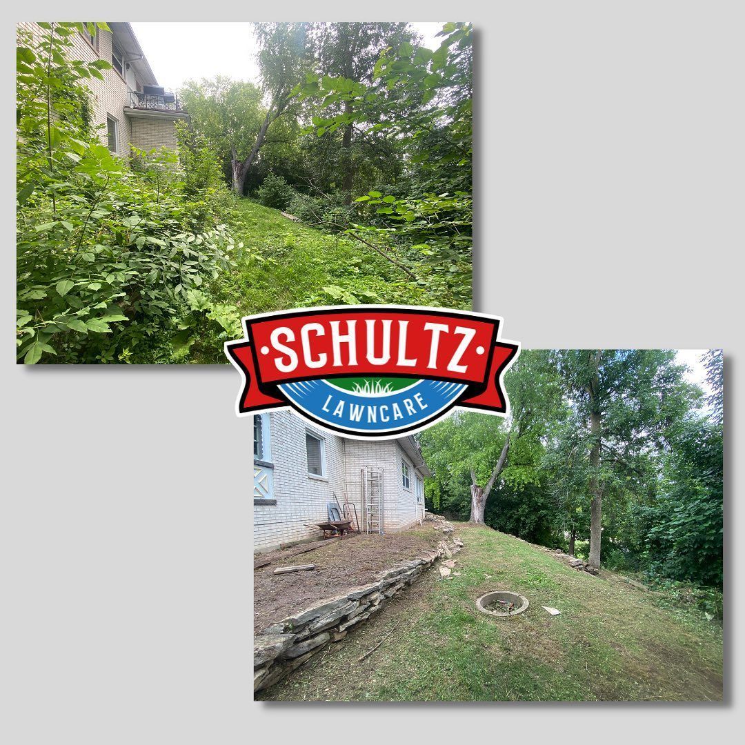 A before and after picture of a schultz lawn care yard