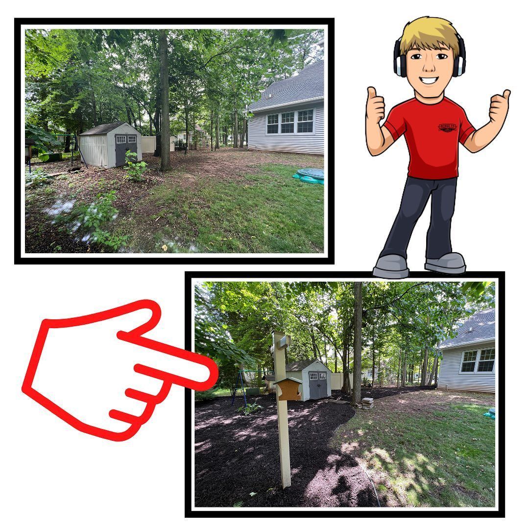 A man in a red shirt is pointing at a picture of a house.
