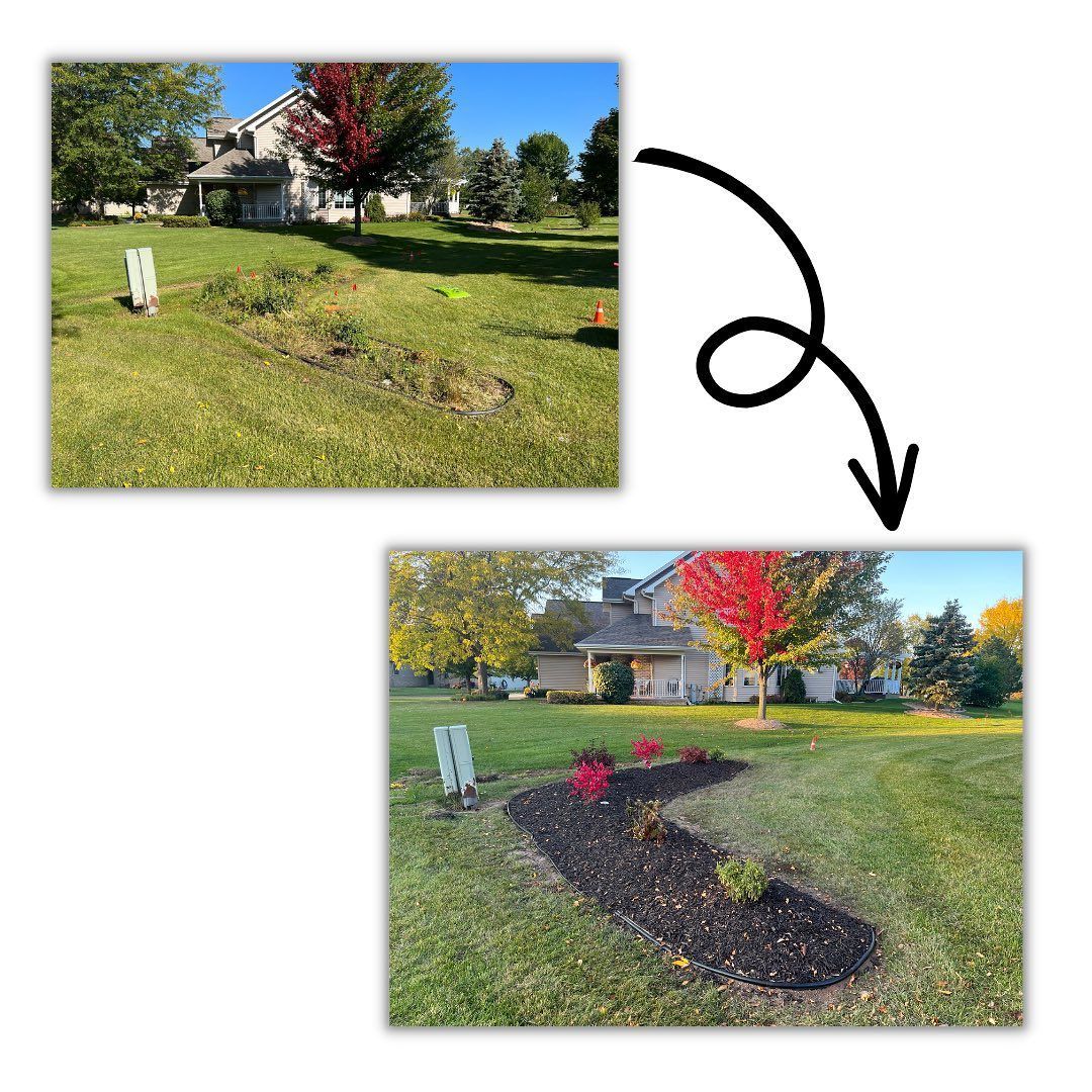 A before and after picture of a lawn with a house in the background.