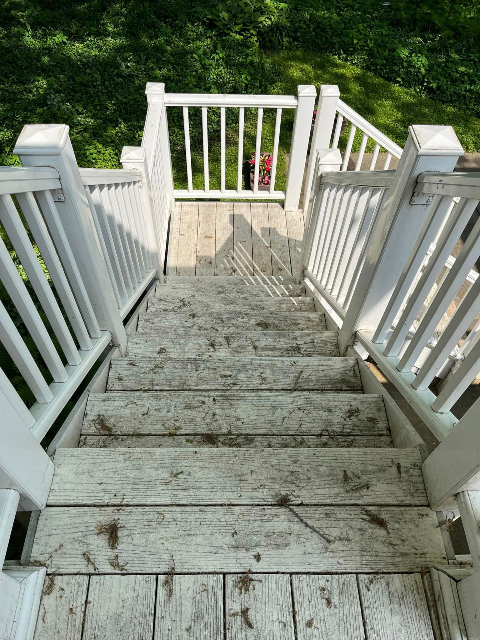 wooden stairs power wash - before