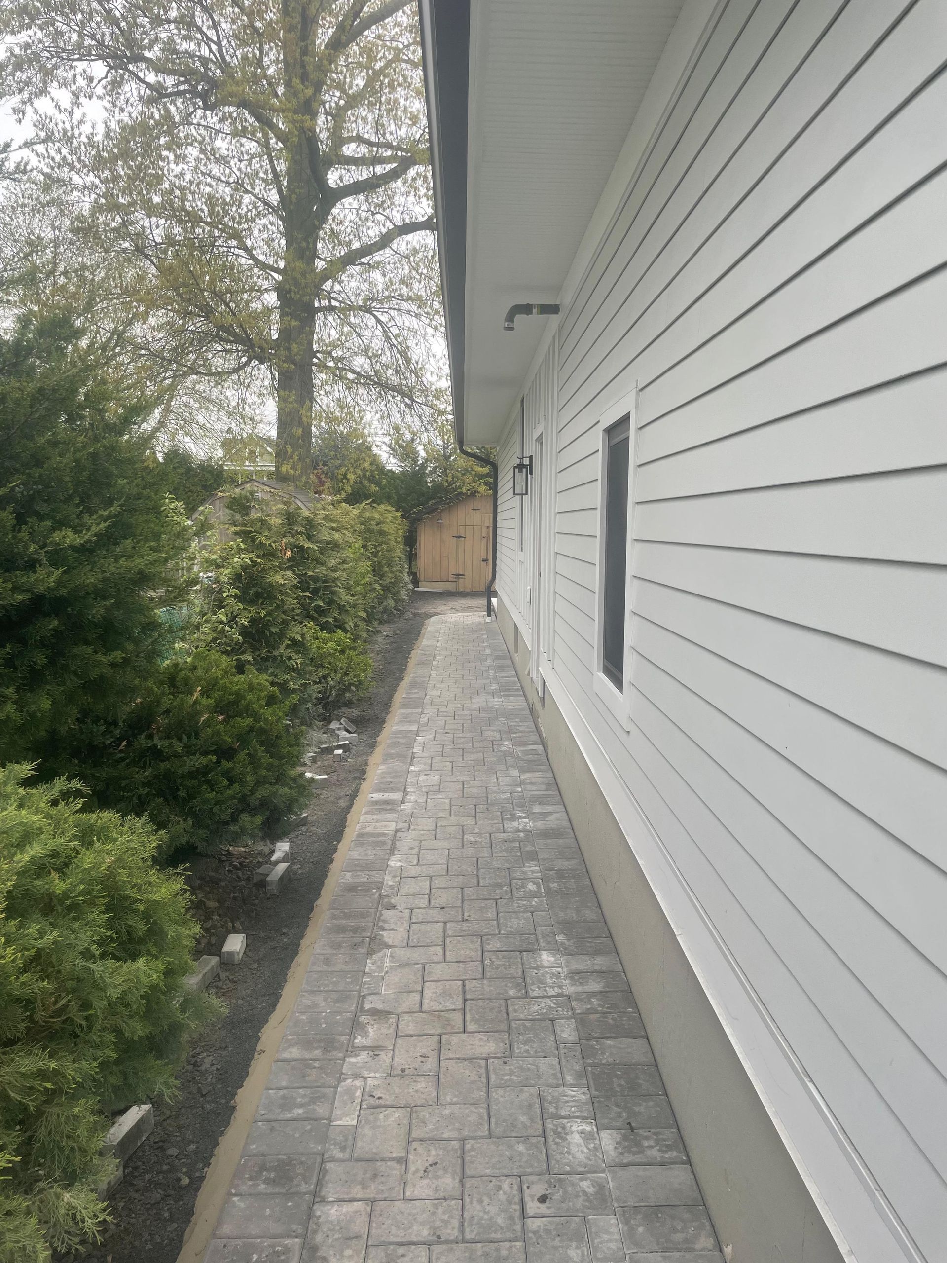 A narrow grey paver walkway runs alongside the light-colored siding of a house, with a hedge to the left.