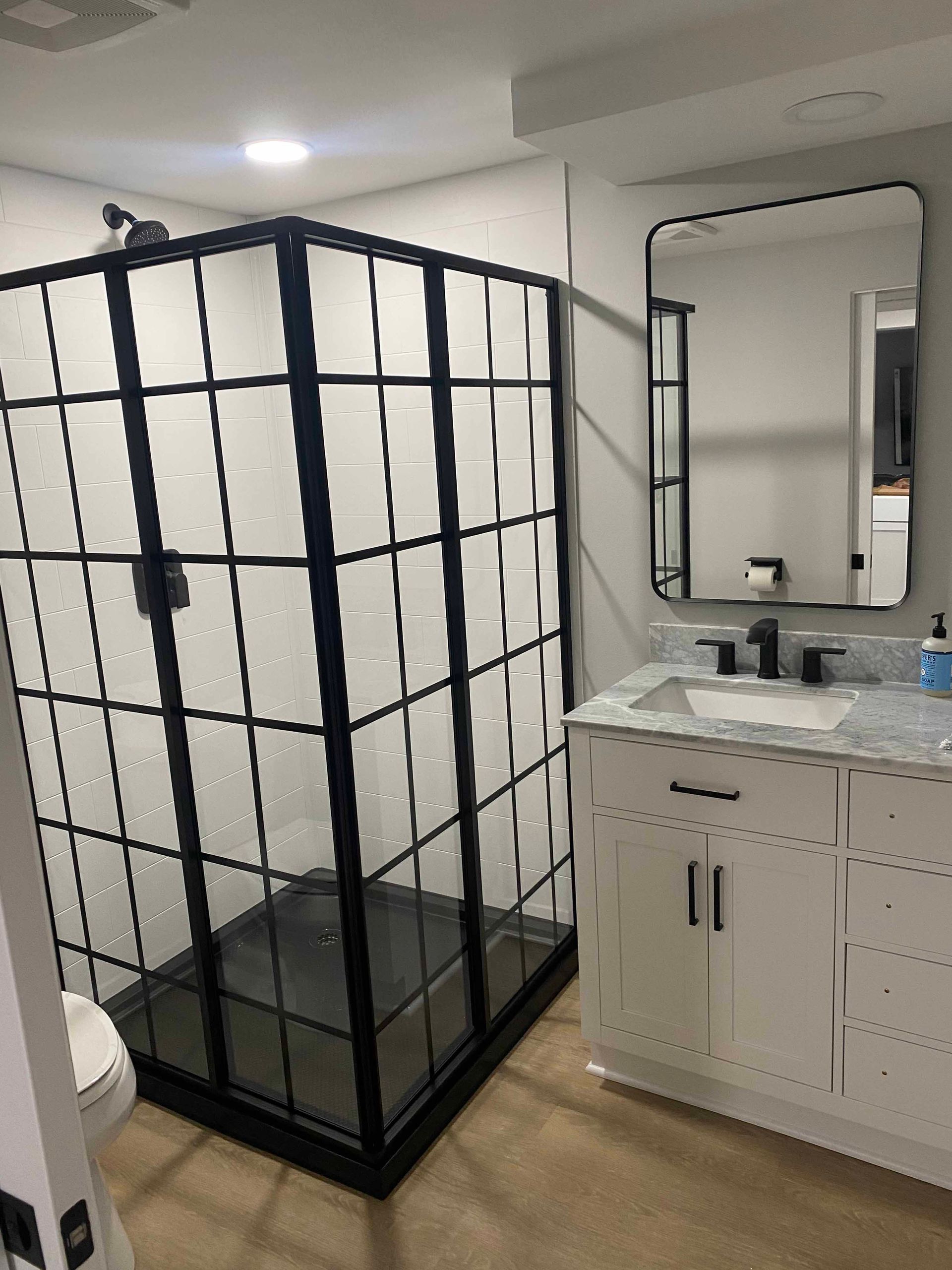 A bathroom with a walk in shower , sink , toilet and mirror.