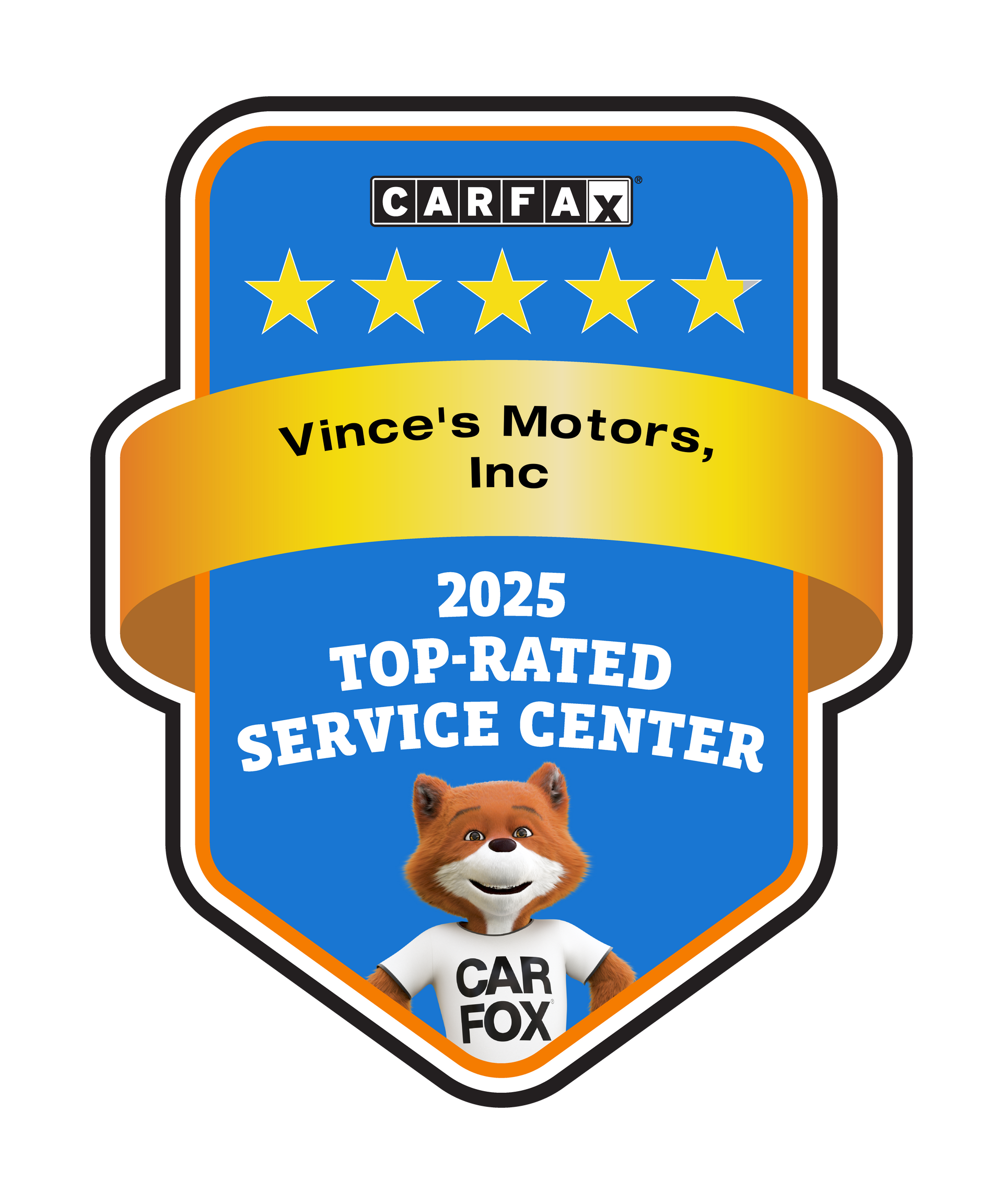 CARFAX badge for Vince's Motors, Inc. top-rated service center with CAR FOX mascot and five stars