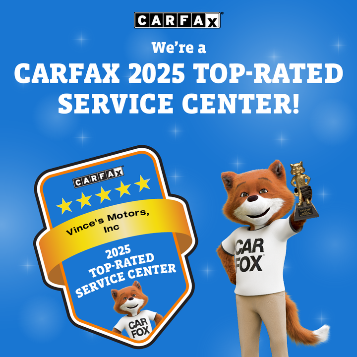 CARFAX 2025 Top-Rated Service Center badge with Car Fox mascot on blue background