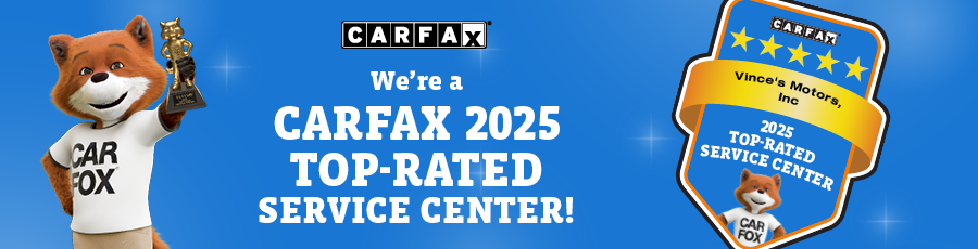 CARFAX banner with fox mascot and blue “We’re a CARFAX 2025 top-rated service center!” badge