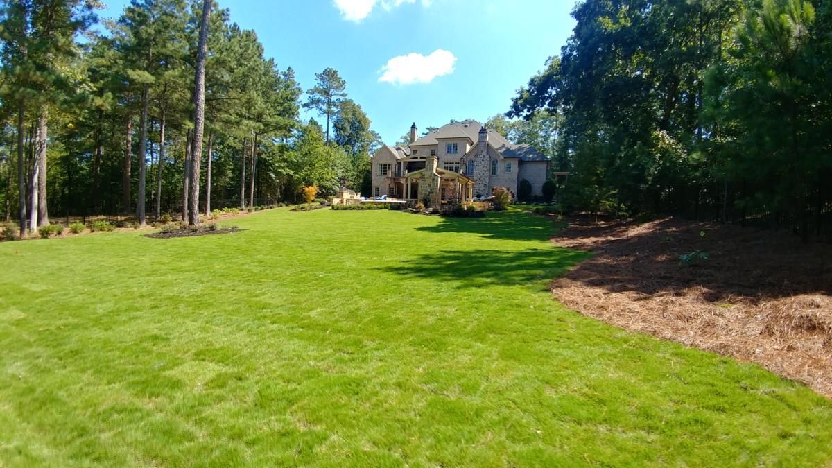 a large lawn with a house in the background and trees in the background .