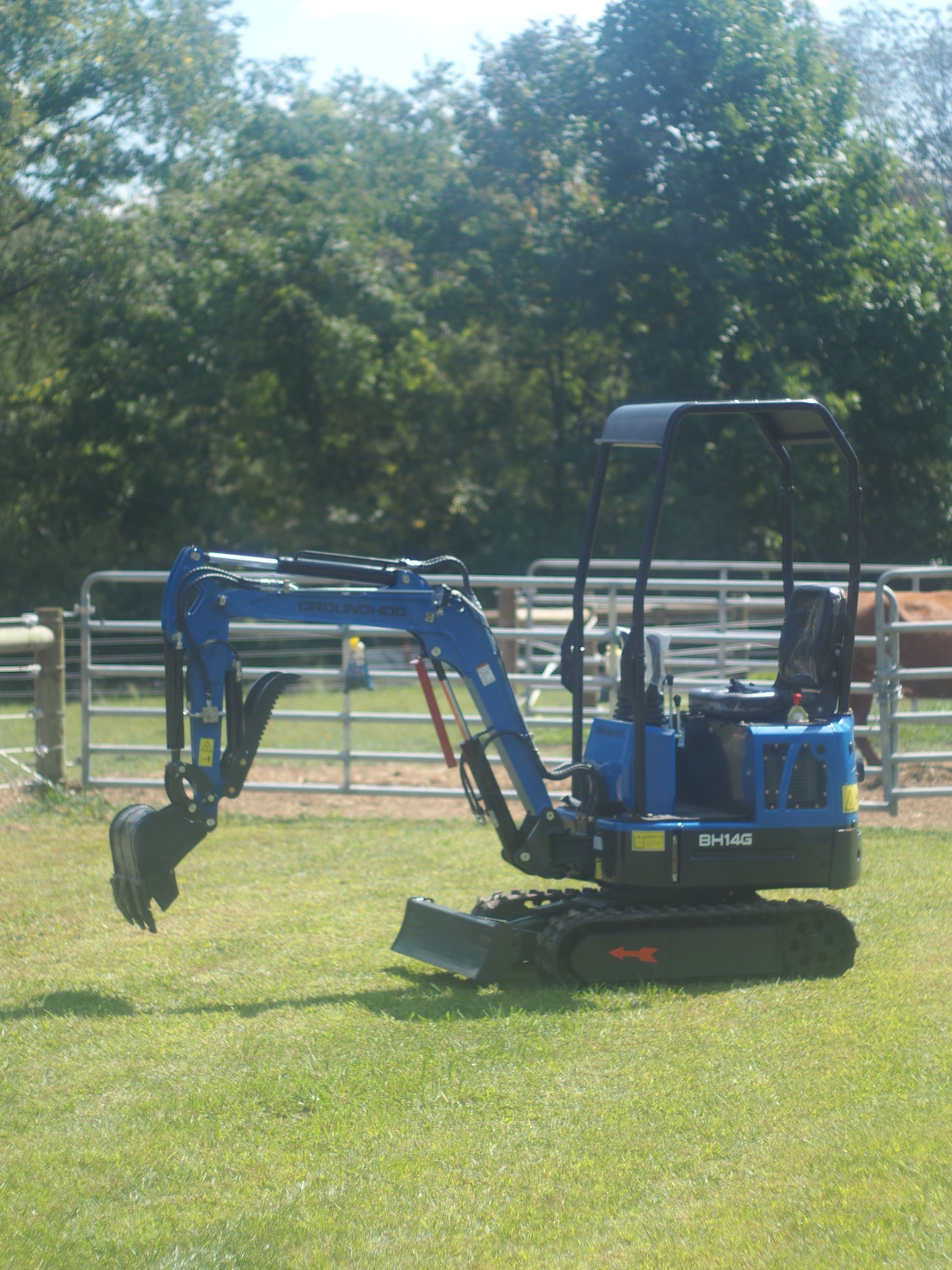 Blue mini-excavator on green grass with a metal fence in the background under a sunny sky.