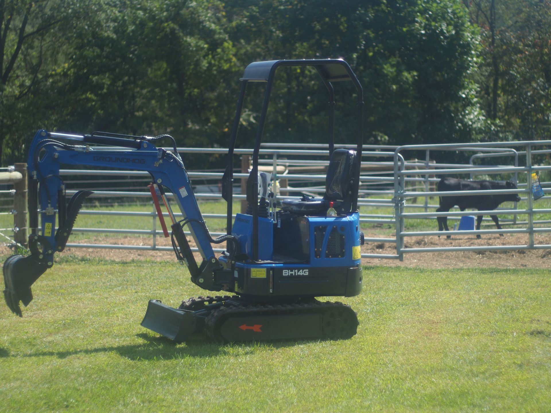 Blue excavator on green grass near a metal fence and trees.