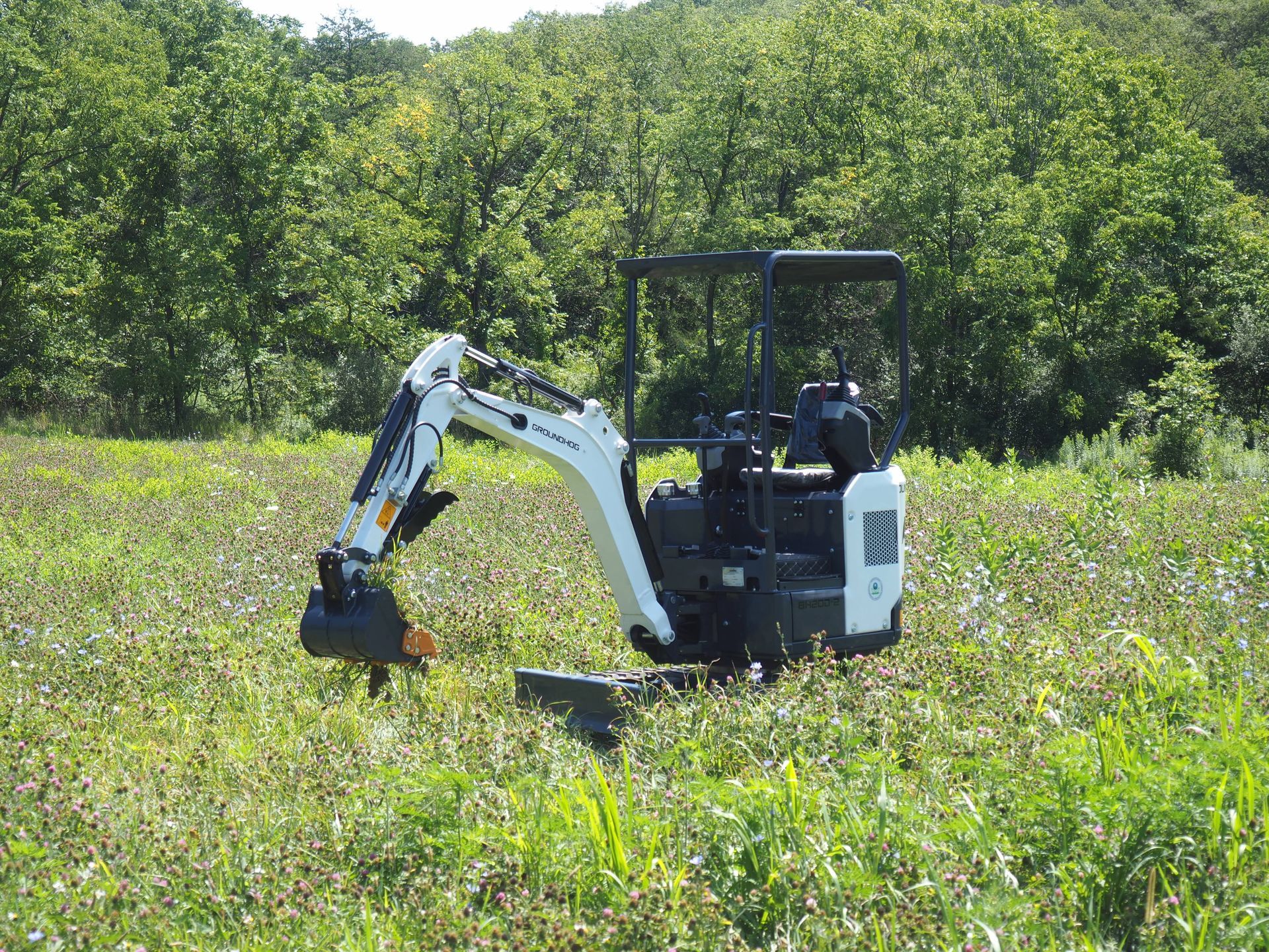 Mini excavator in a field of tall grass, with trees in the background.