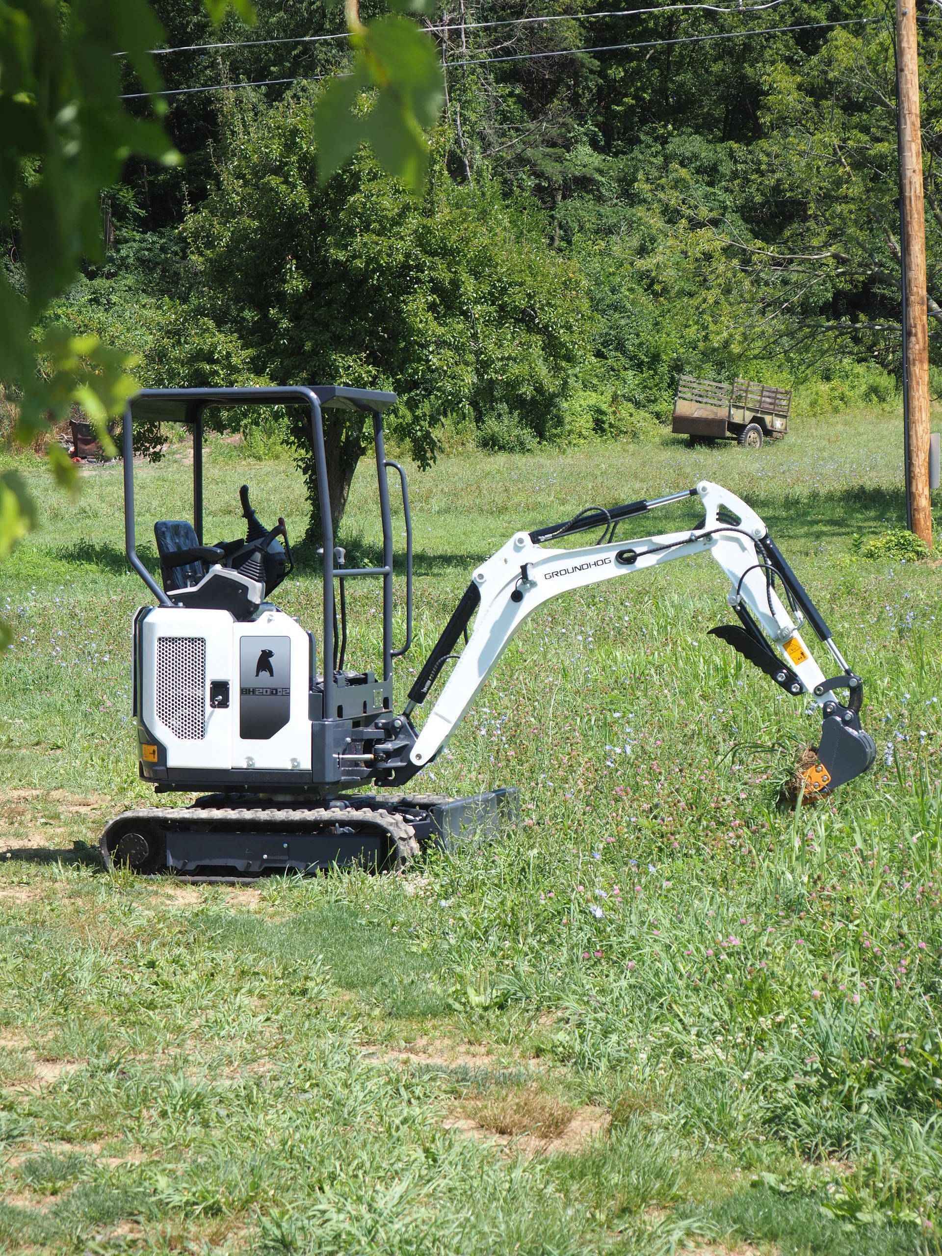 Mini excavator digging in a grassy field; white and gray vehicle.