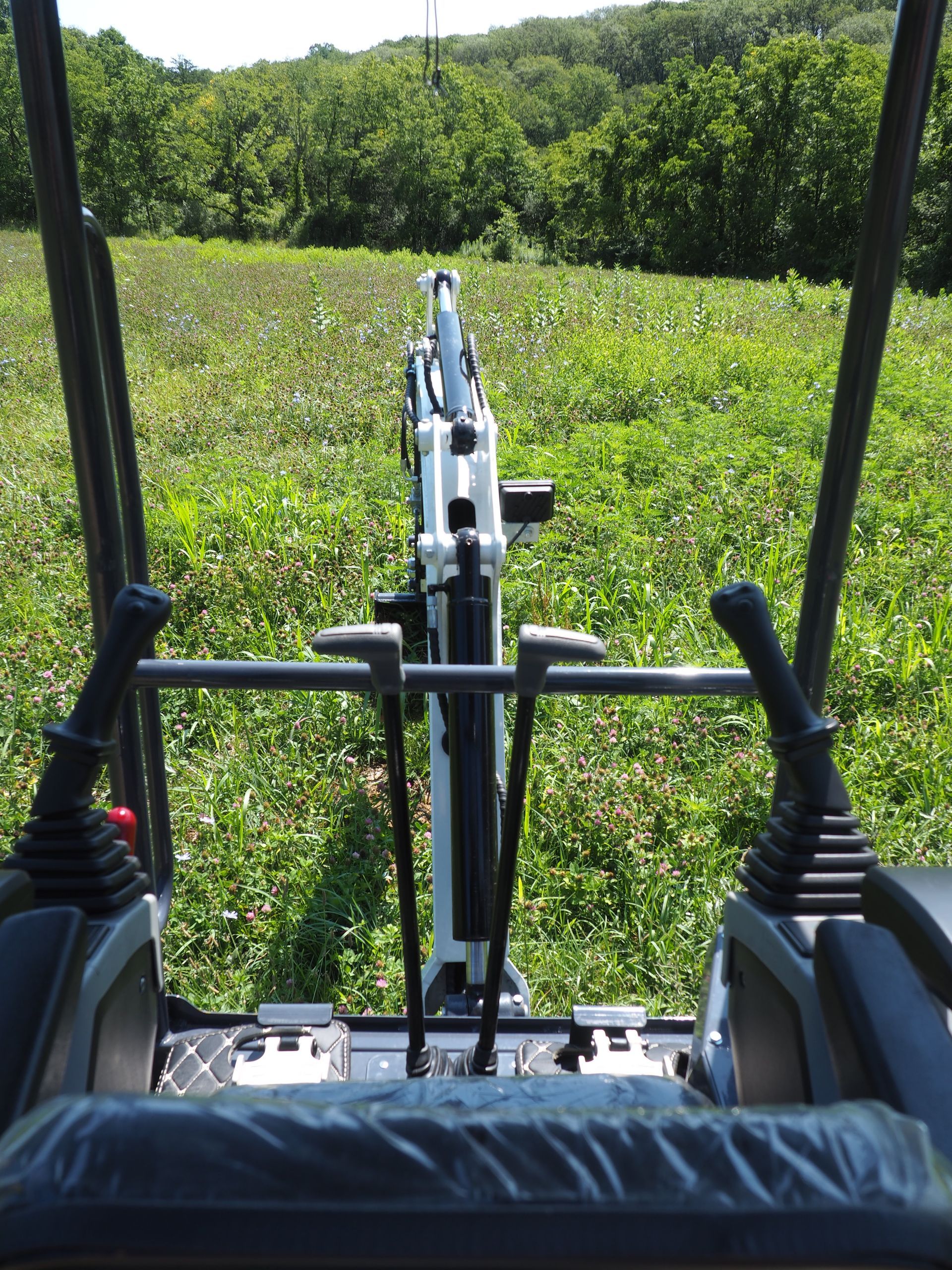 View from an excavator seat, arm extended into a grassy field. Black and white machine, green background.