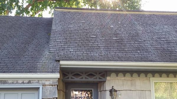 A house with a gray roof and a white garage door.