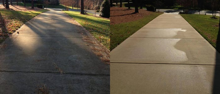 A before and after photo of a concrete sidewalk.