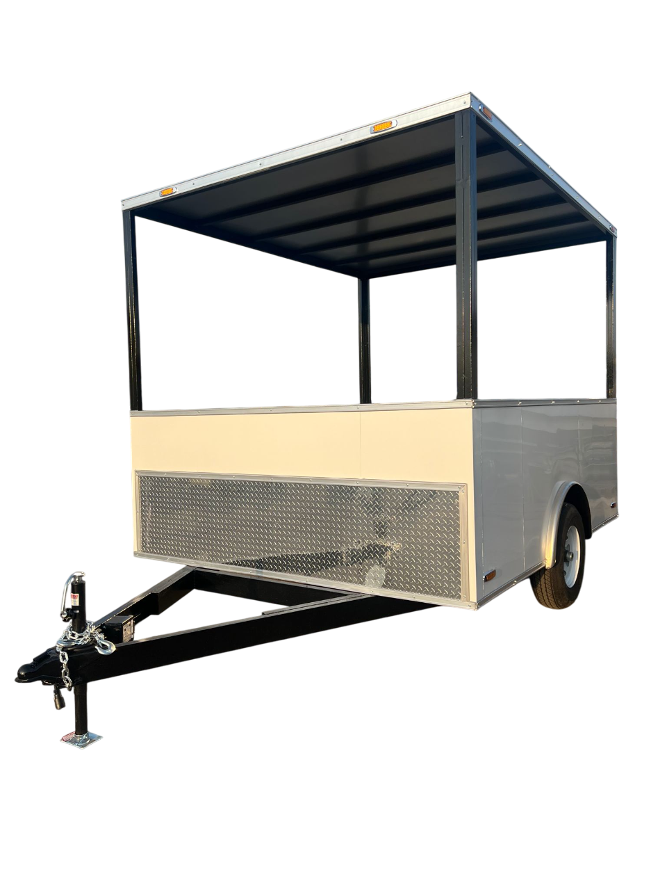 Open utility trailer with black canopy frame, beige sides, diamond-plate front, and hitch.