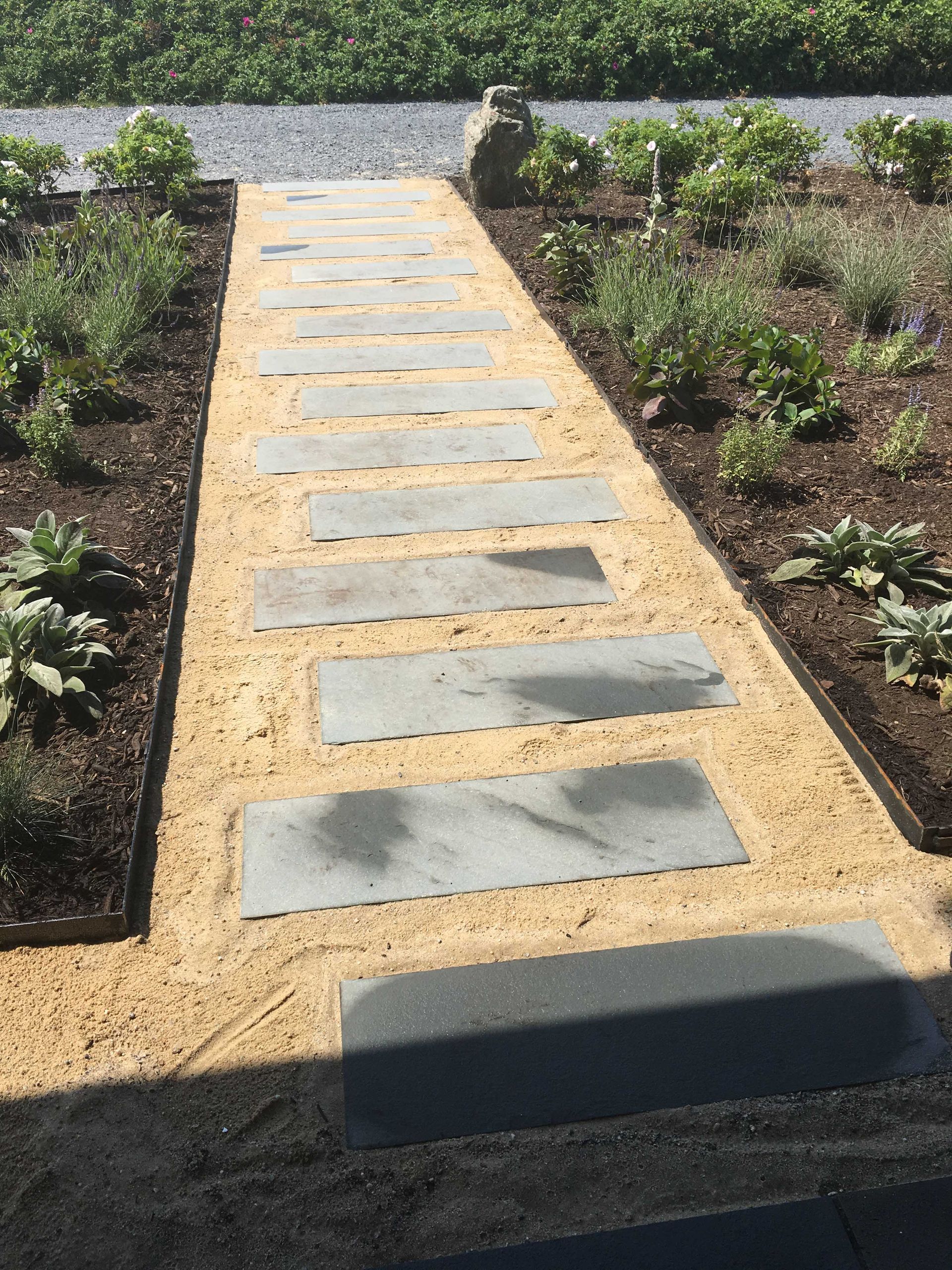 A garden path made of rectangular grey stone pavers surrounded by light tan gravel and garden beds with dark mulch.