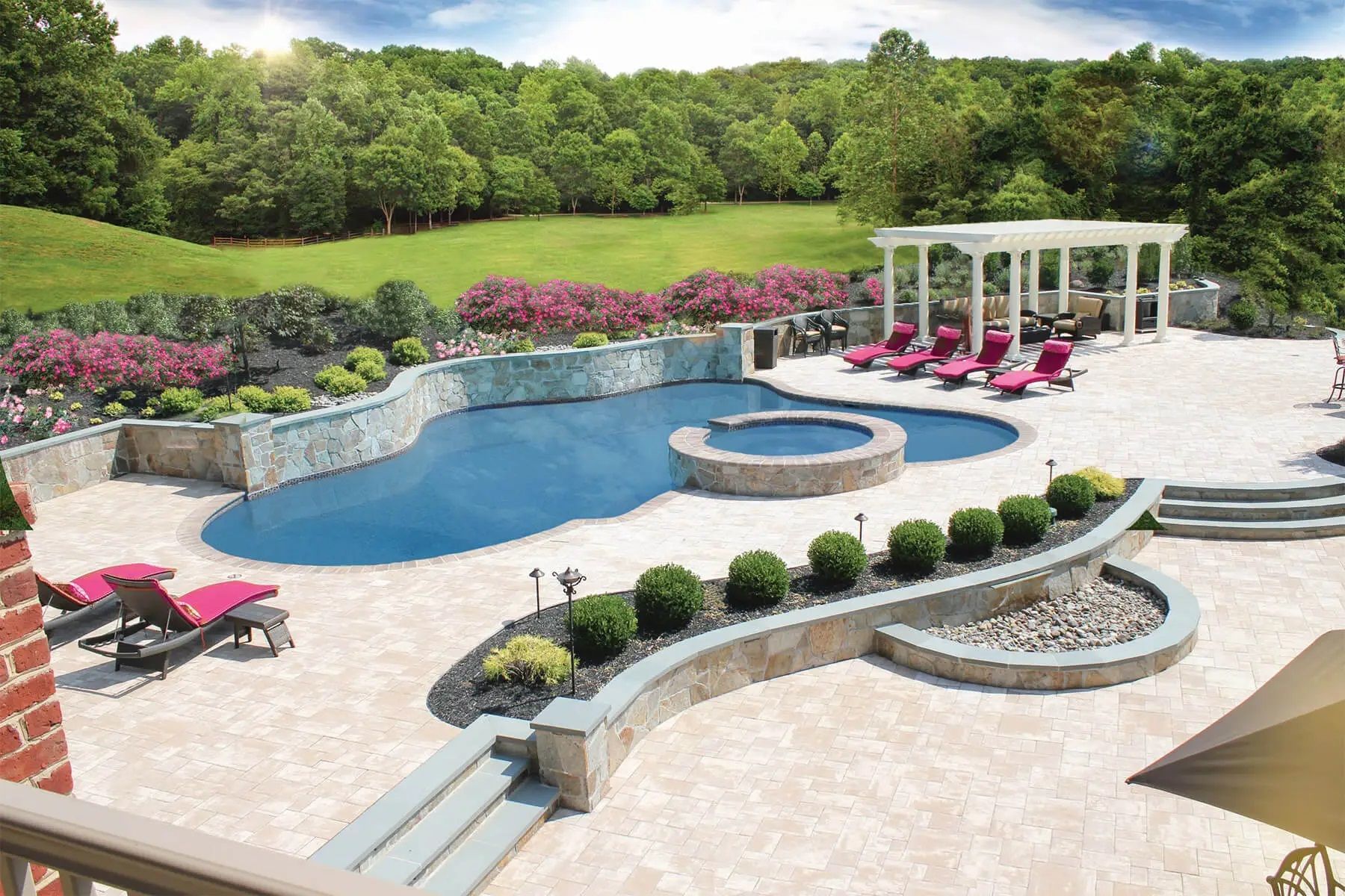 A large swimming pool surrounded by chairs and umbrellas