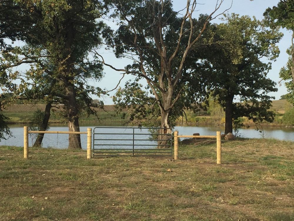 A gate in a wooden fence opens to a lake, flanked by trees and green grass.