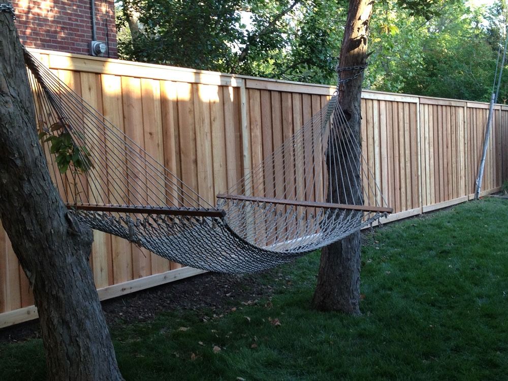 Hammock strung between two trees in a grassy yard, next to a wooden fence.