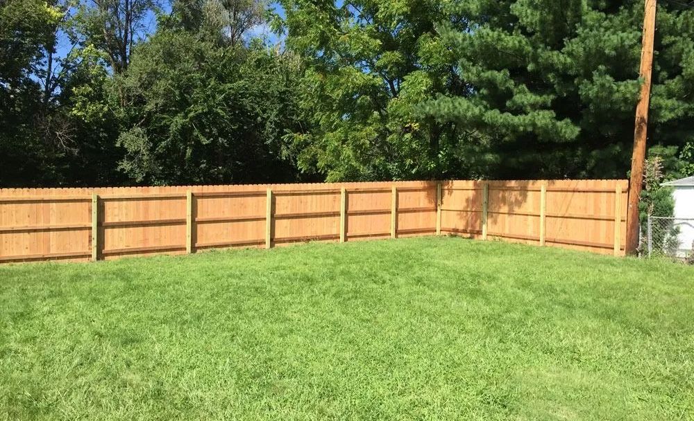 Wooden fence enclosing a grassy backyard, trees in the background, blue sky.