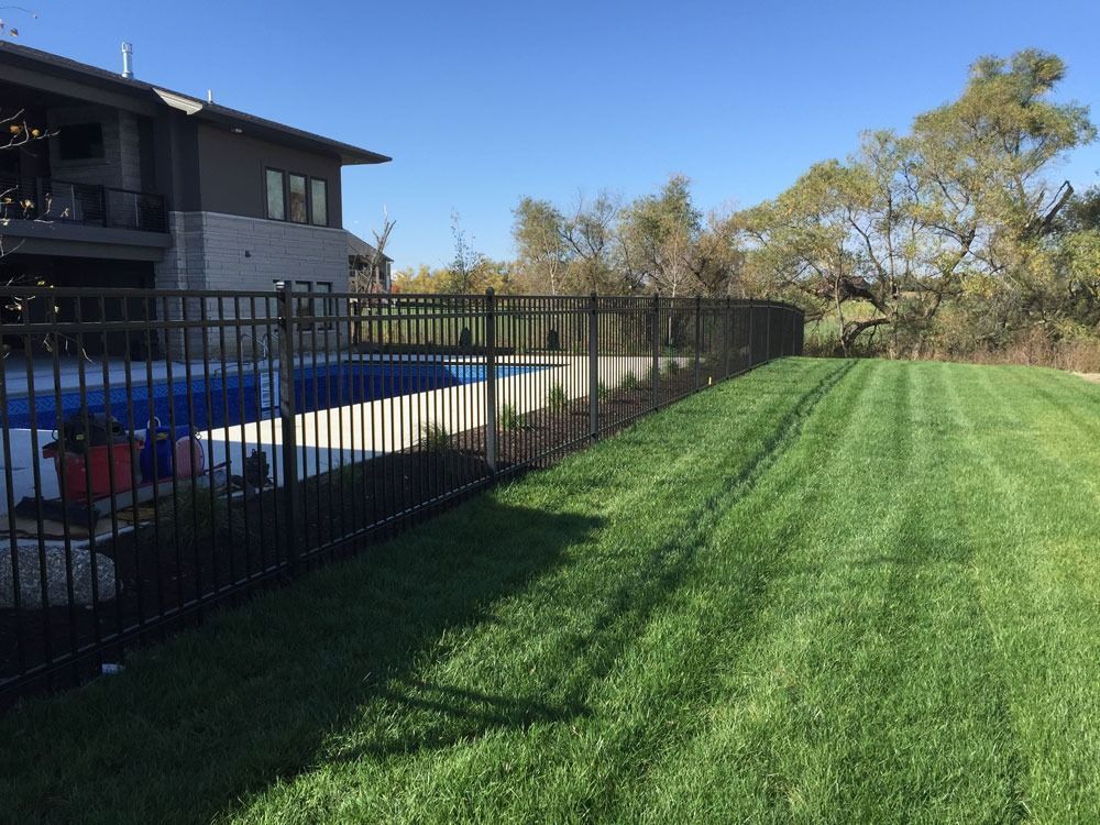 Black fence surrounds a pool in a backyard. Green lawn, blue sky, and a house are visible.