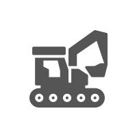 Excavator, side view, digging, gray icon.