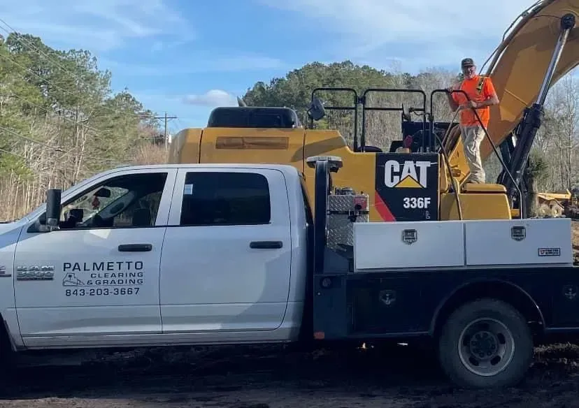 White truck with Palmetto tree service logo; person on excavator.