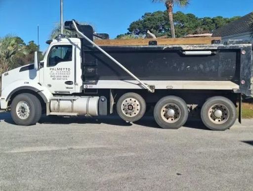 White dump truck parked on a street; black bed, Palmetto logo, and palm trees in the background.