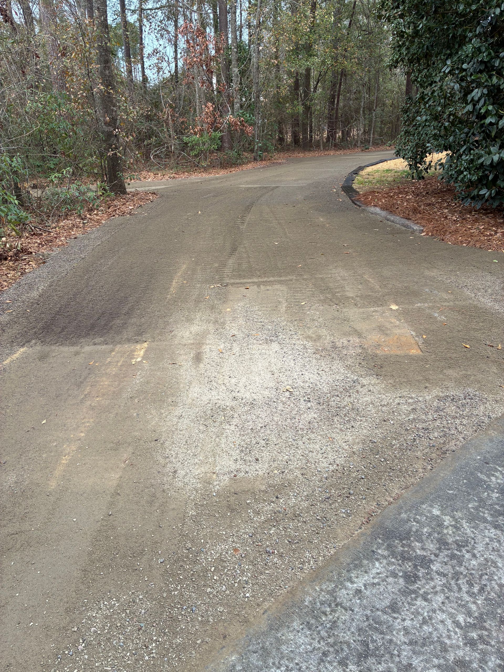A gravel driveway transitions into a paved path, leading toward a wooded area with trees and fallen leaves.