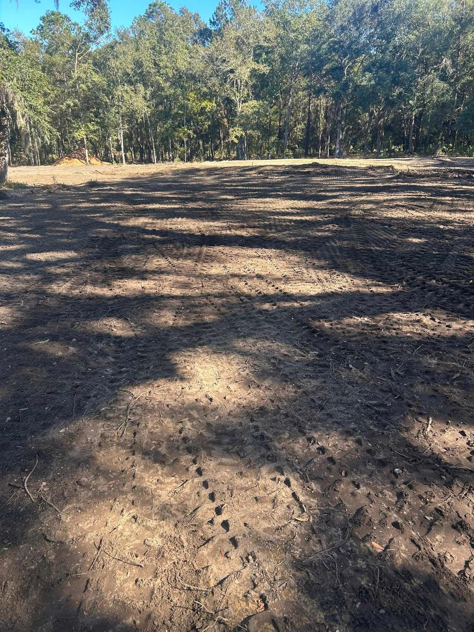 An expanse of tilled brown soil in the foreground leading to a dense line of trees under a clear blue sky.