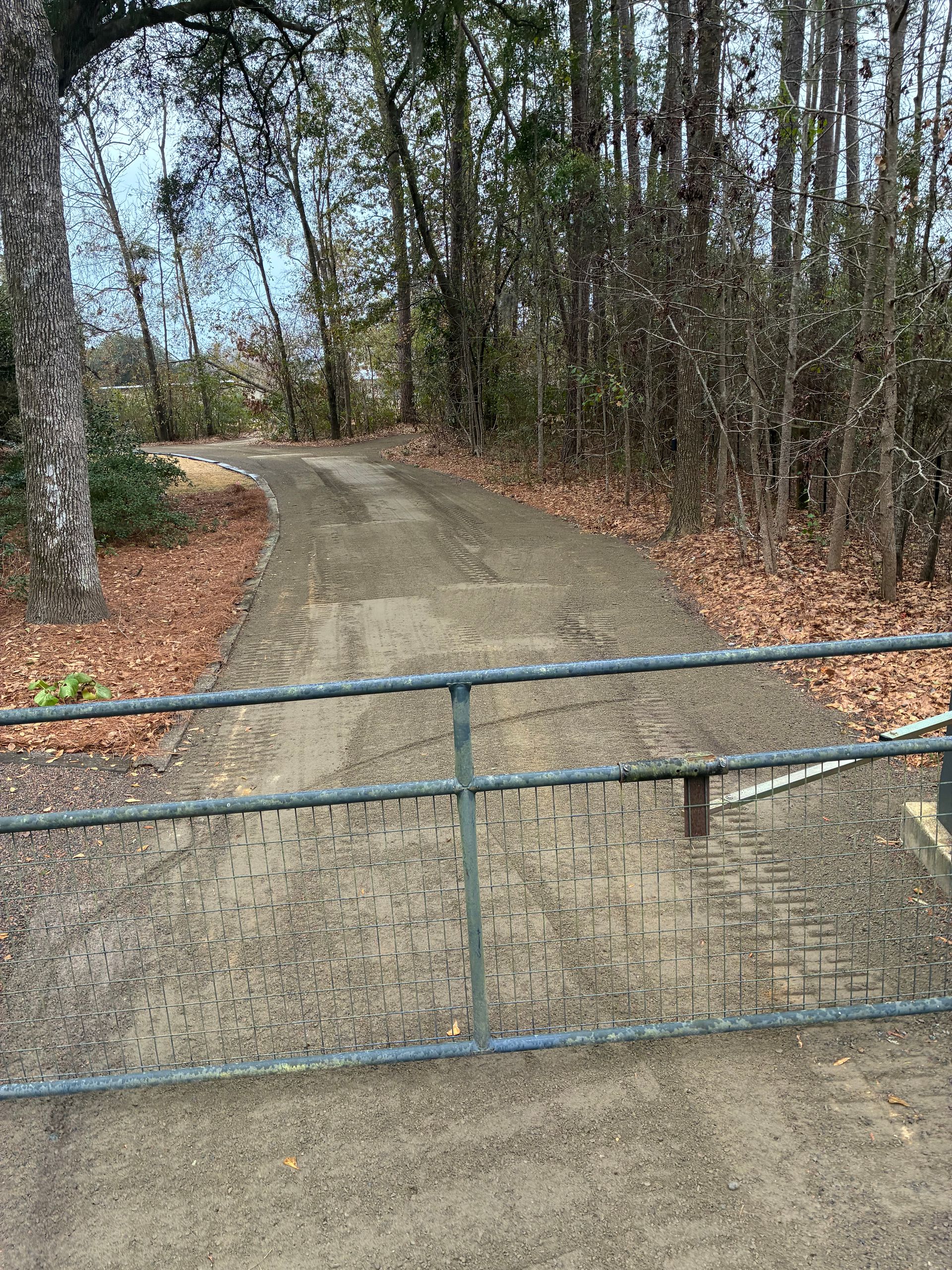 A dirt driveway leads into a wooded area behind a simple metal farm gate.