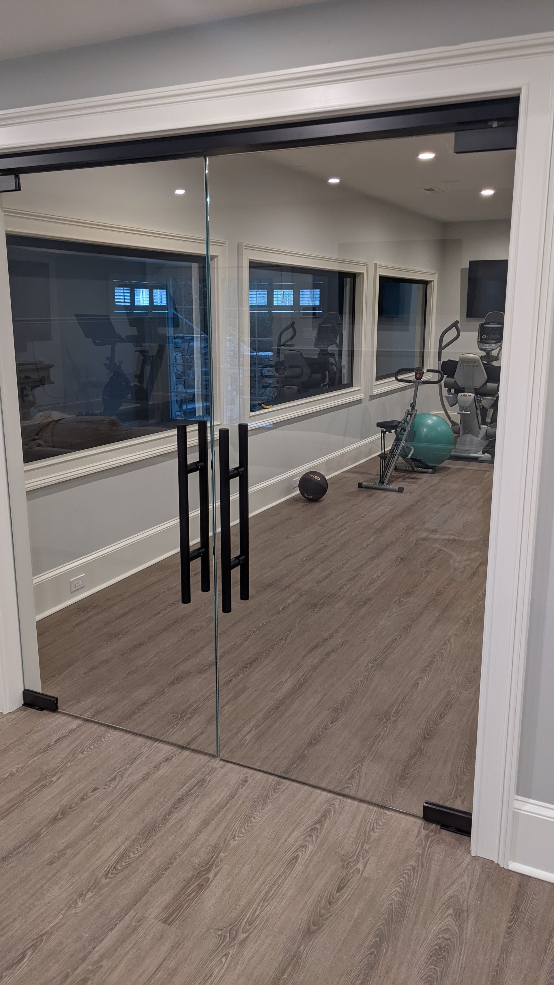 Glass door leading into a home gym with exercise equipment visible. Door has black handles.
