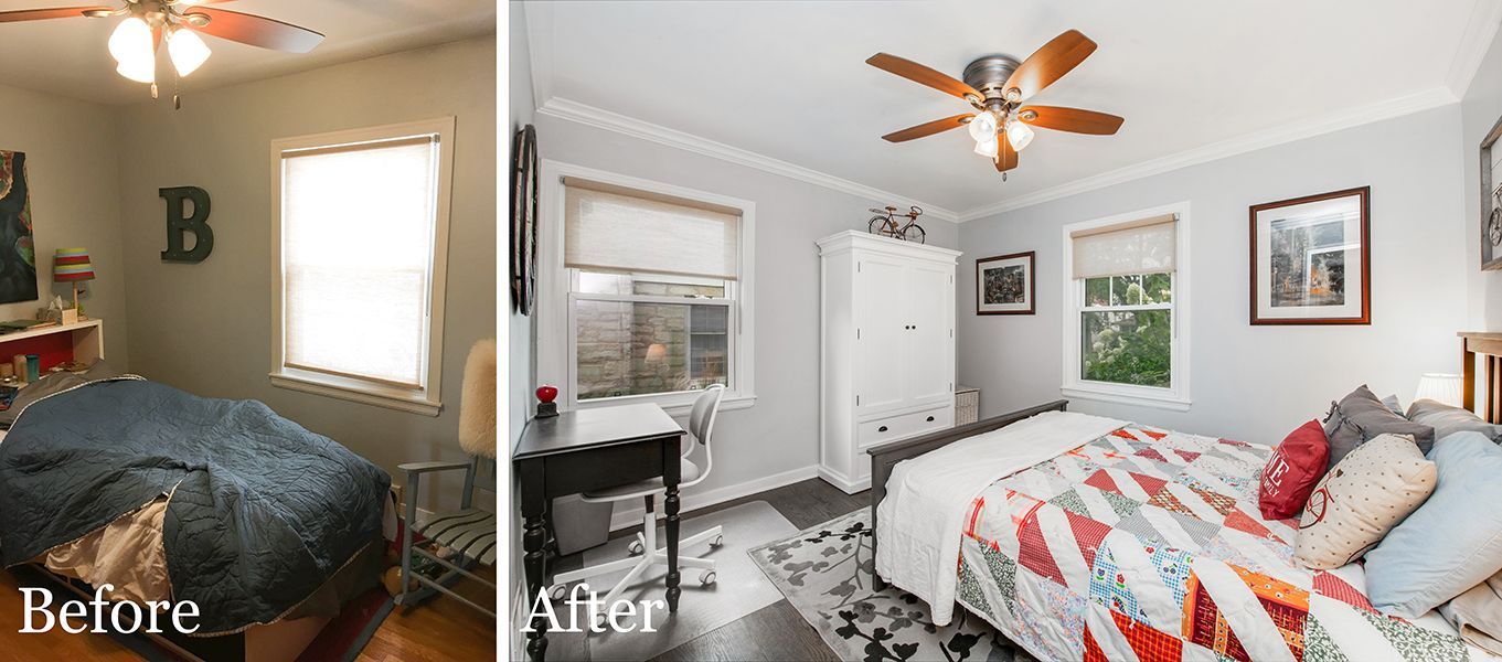 A before and after photo of a bedroom with a ceiling fan.
