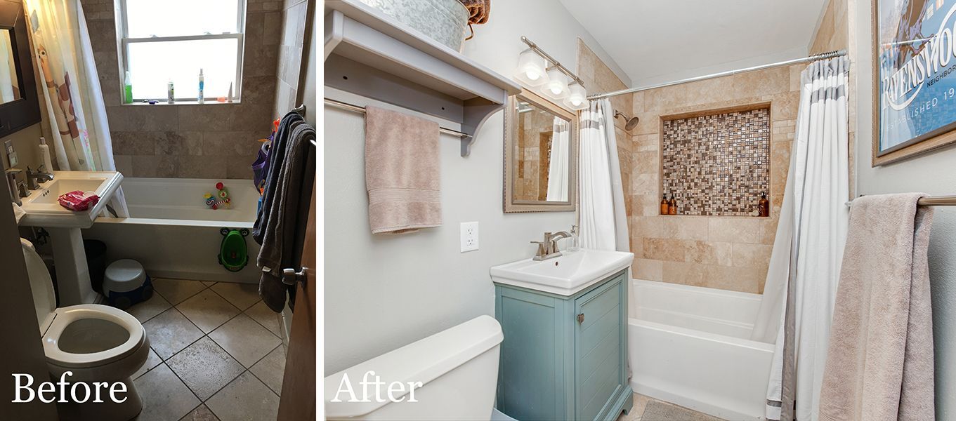There is a before and after picture of a bathroom.