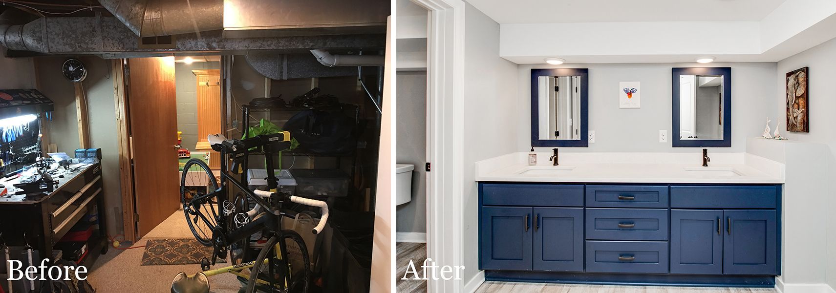 A before and after photo of a bathroom with blue cabinets.