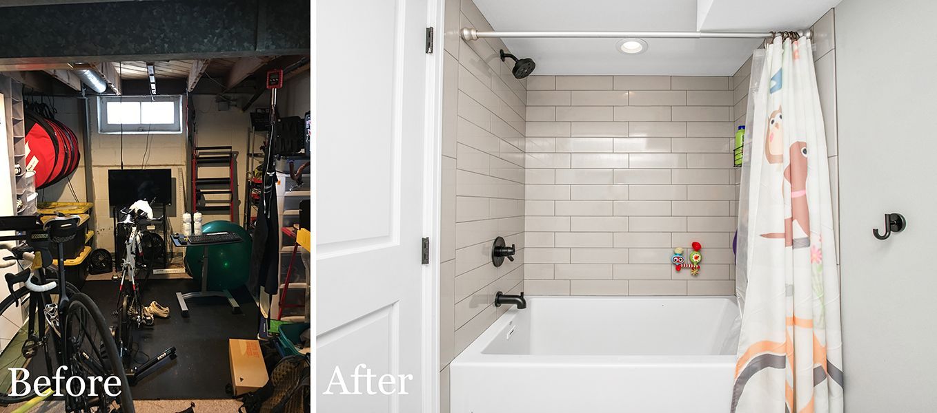 A before and after photo of a bathroom in a garage.