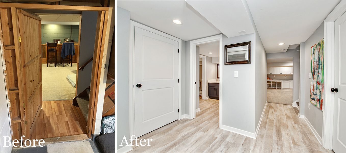 A before and after photo of a basement remodel.