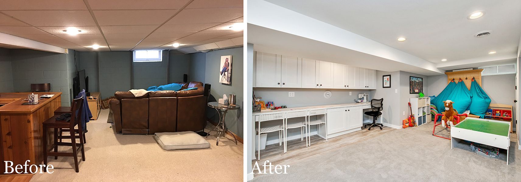A before and after photo of a basement remodel.