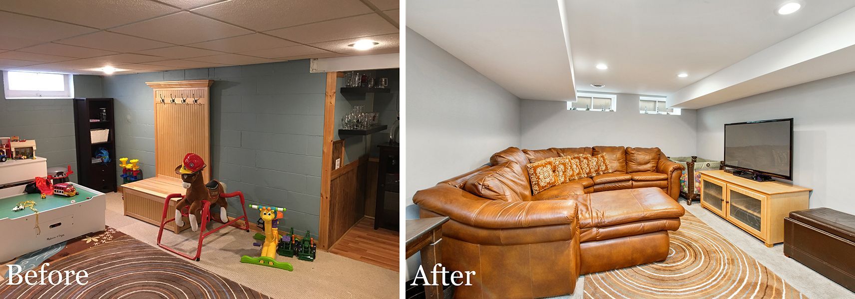 A before and after photo of a basement with a couch and a television.