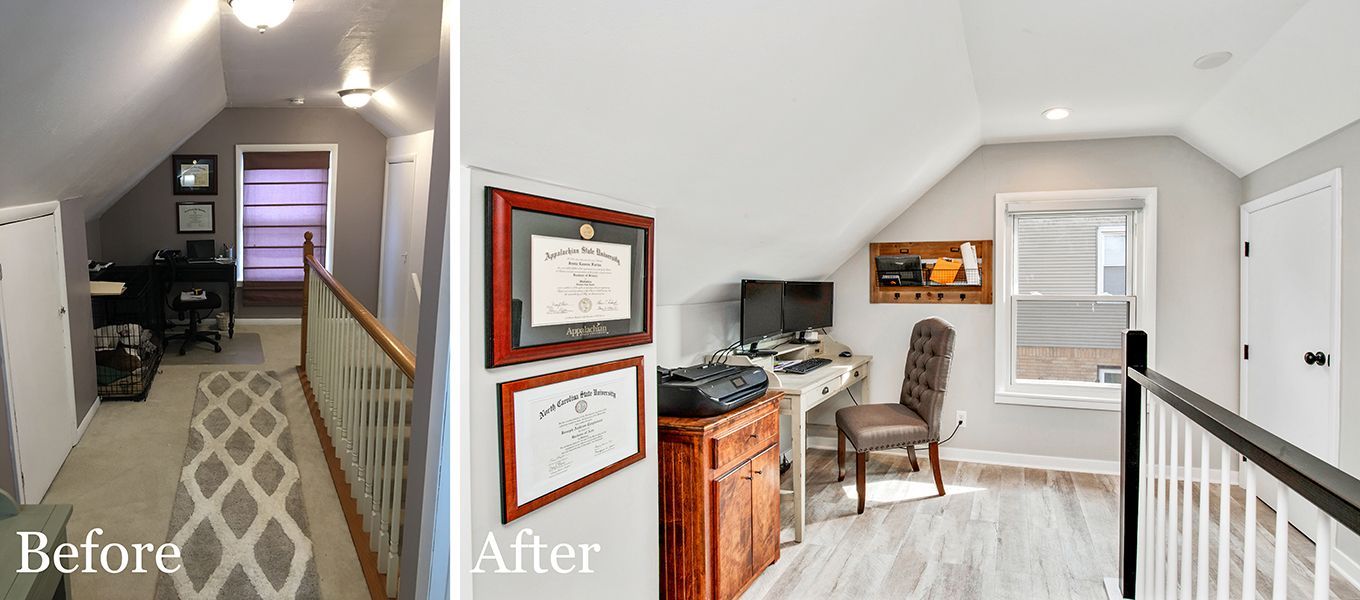 A before and after photo of an attic office.