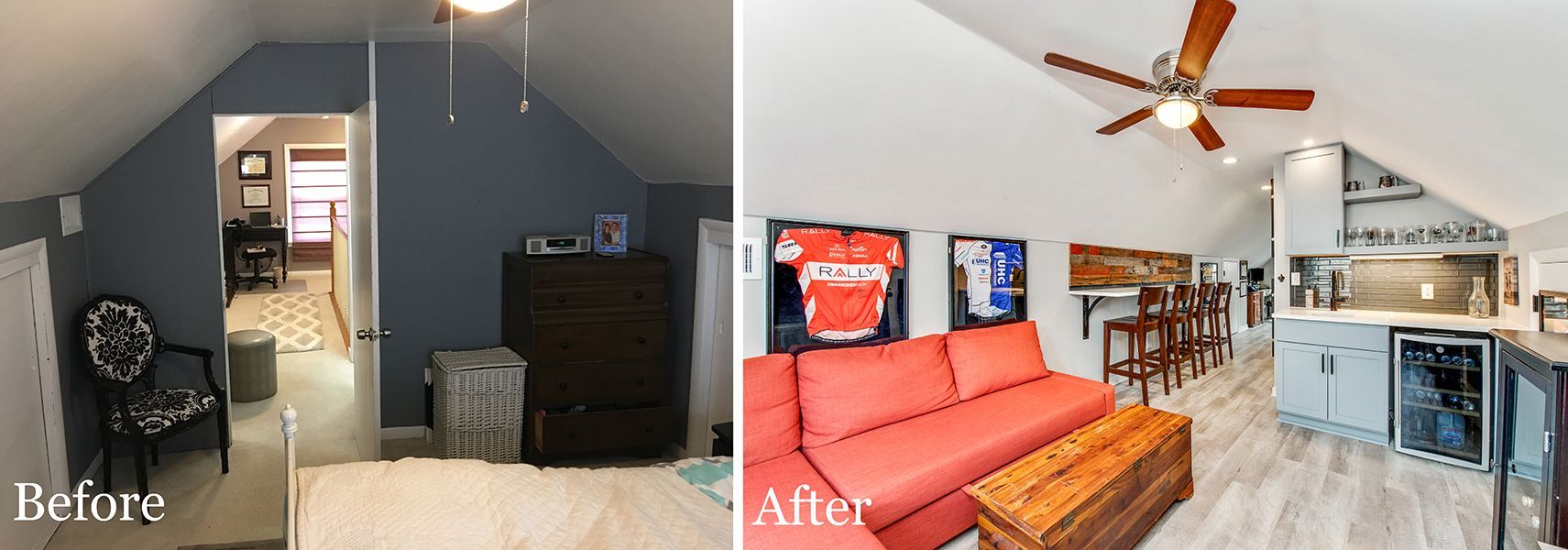 A before and after photo of a living room with a ceiling fan.