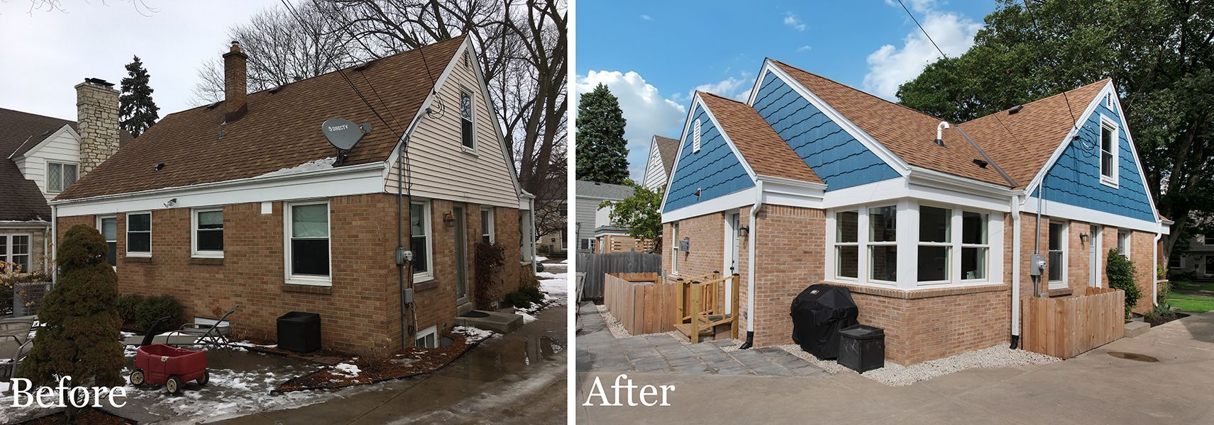 A before and after photo of a brick house with a blue roof
