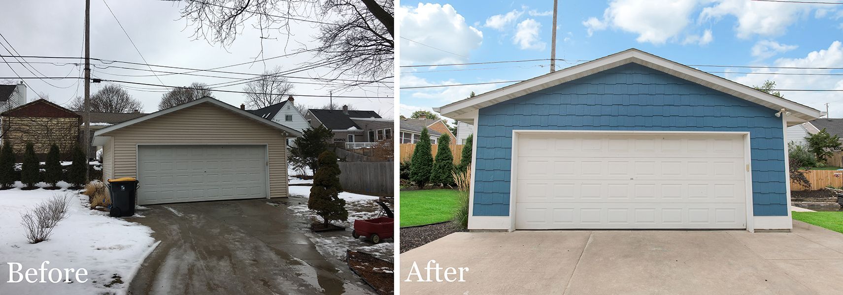 A before and after picture of a garage with blue siding.