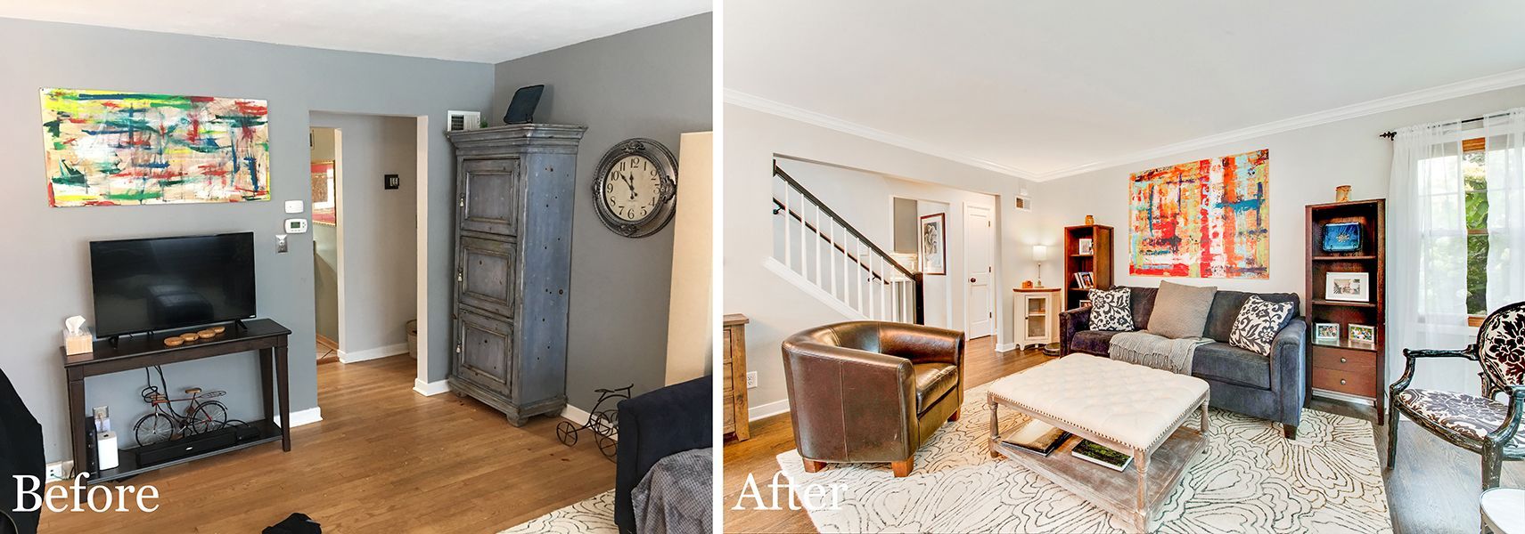 A before and after photo of a living room.