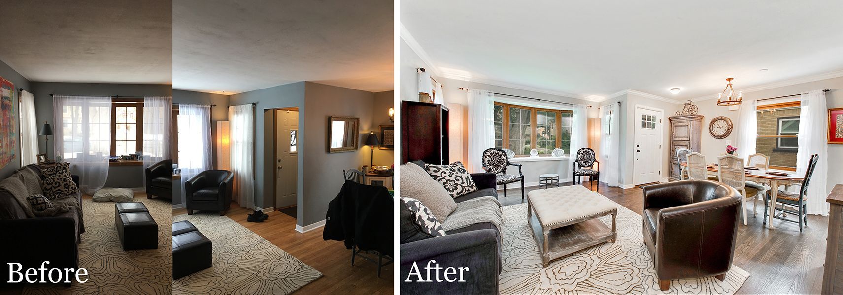 A before and after photo of a living room and dining room.