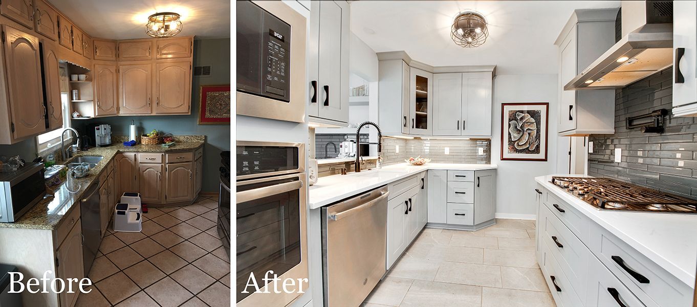 A before and after photo of a kitchen with white cabinets and stainless steel appliances.