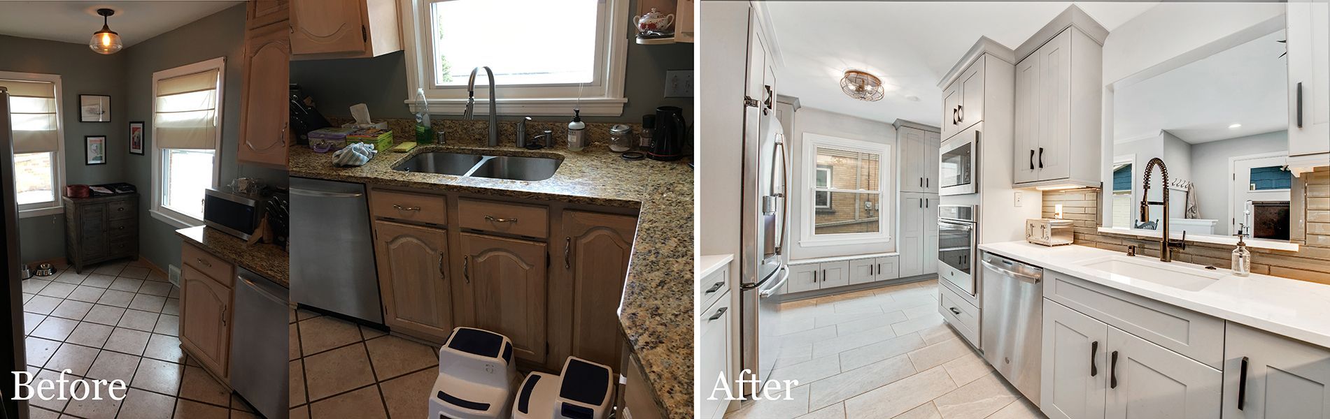 A before and after photo of a kitchen with white cabinets and granite counter tops.