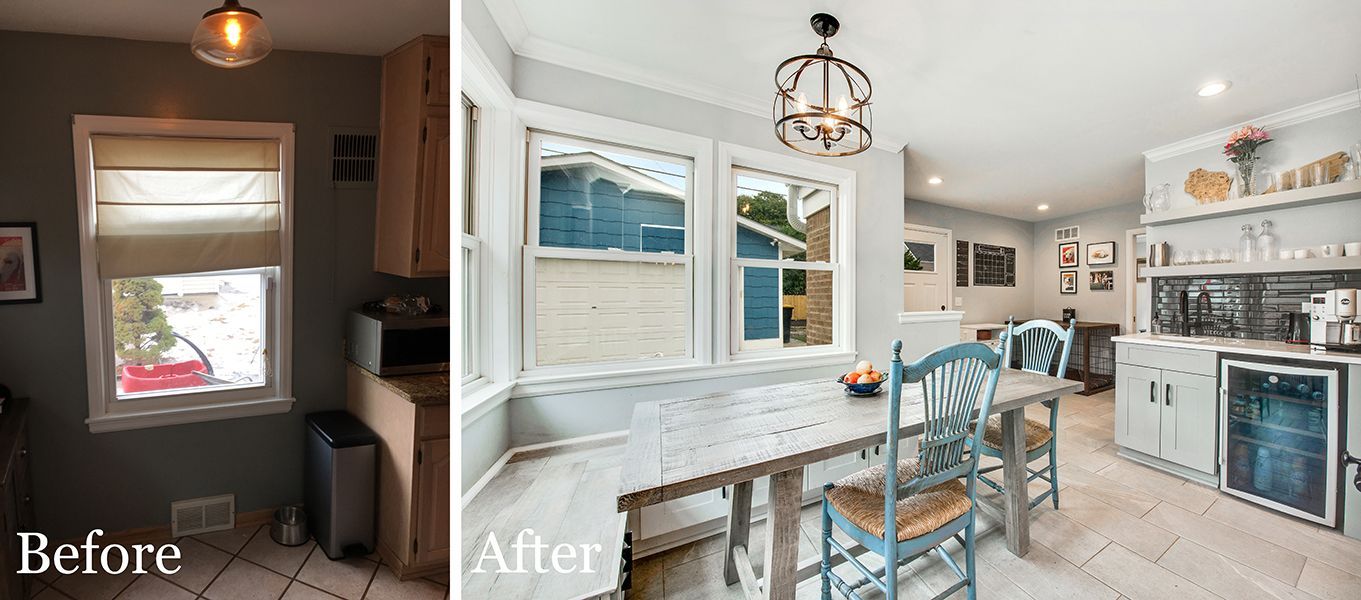 A before and after photo of a kitchen with a table and chairs.