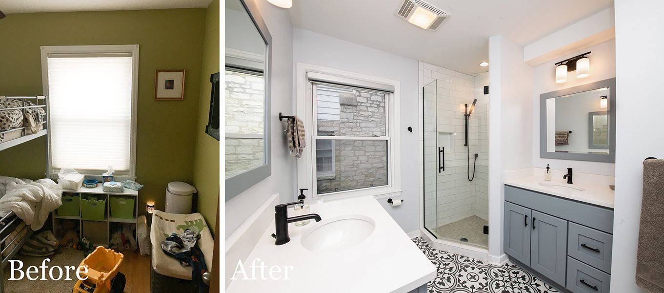 There is a before and after picture of a bathroom.