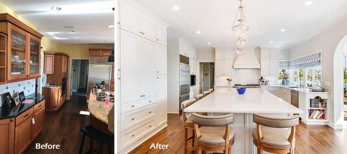 A before and after photo of a kitchen remodel.